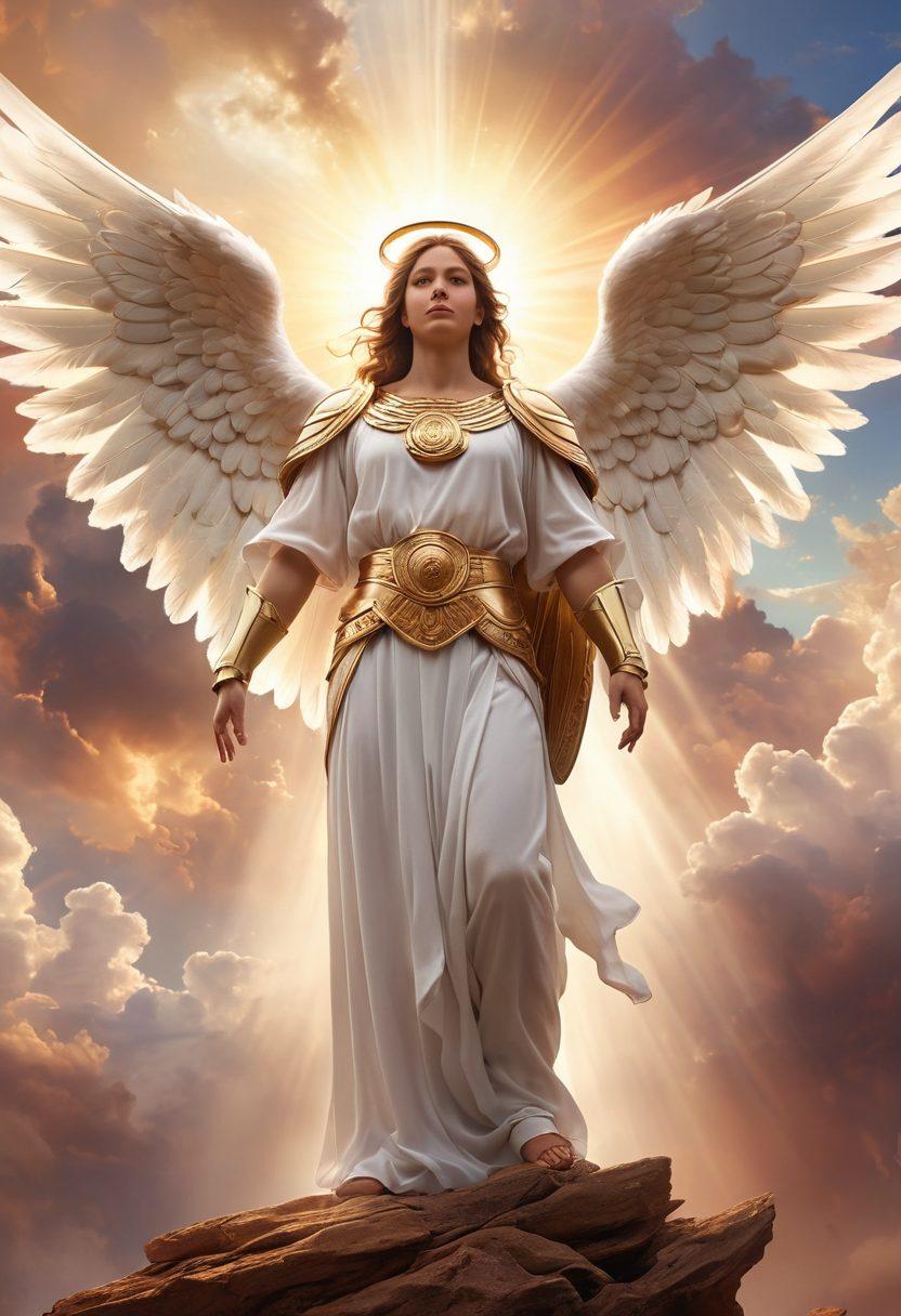 A majestic guardian angel with strong wings, casting a protective aura over a diverse group of people symbolizing safety and support. The background features a serene landscape with soft light filtering through clouds, creating a feeling of calm and security. Elements representing various guardian services, such as shields, helping hands, and locks, subtly integrated throughout the scene. ethereal style. warm colors. tranquil atmosphere.