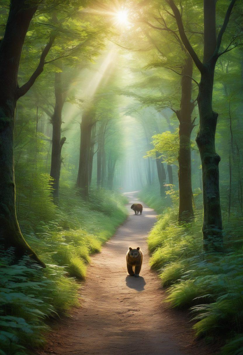 A serene pathway winding through a lush green forest, symbolizing guidance and protection, with ethereal light filtering through the trees. Silhouettes of diverse guardians (a wise owl, a strong bear, and a gentle deer) positioned along the path, representing various aspects of support and safety. Integrate symbols of trust and loyalty subtly in the foliage. dreamy illustration. vibrant colors. soft focus.